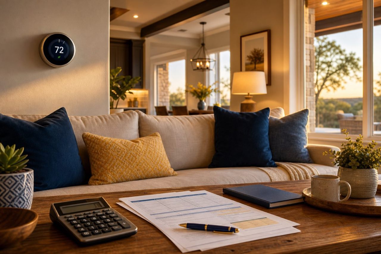 Comfortable living room with a thermostat set to 72 and financing paperwork on the coffee table